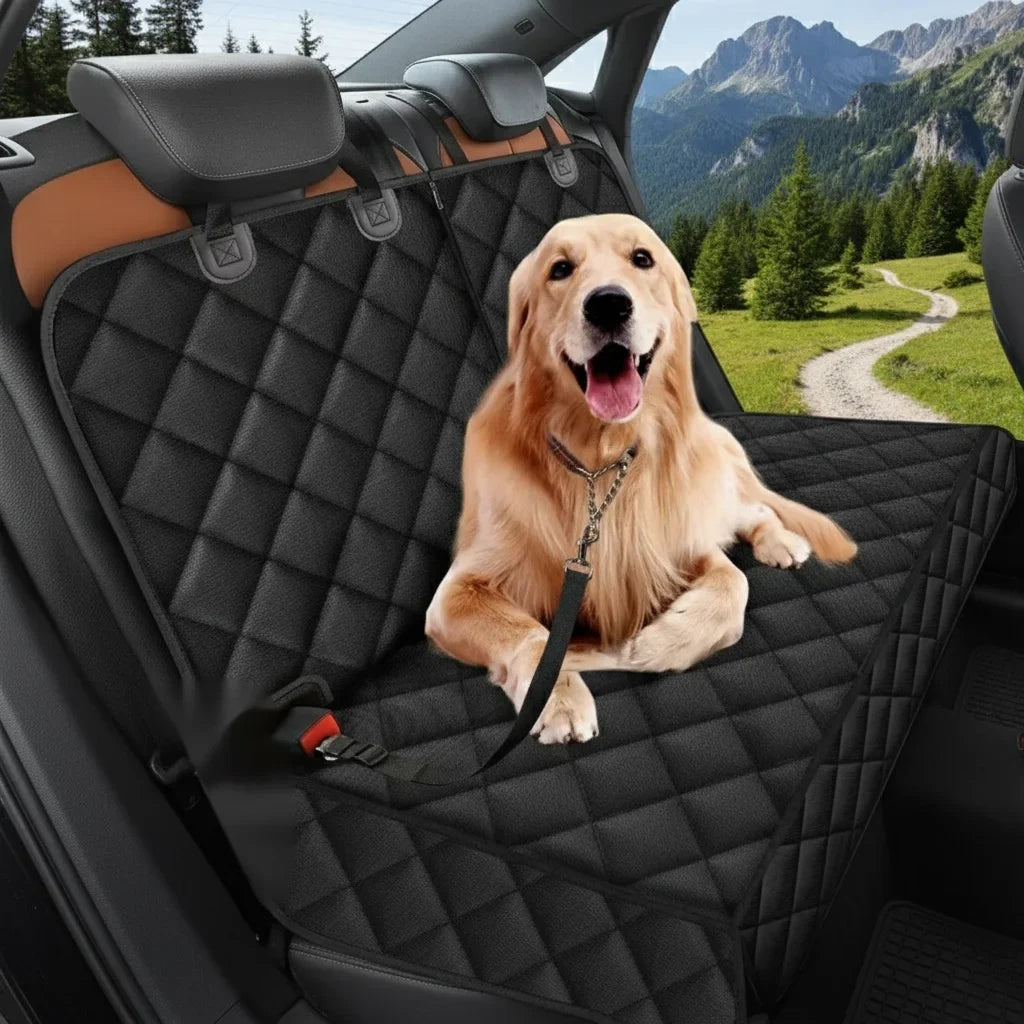 Chien installé sur une housse noire de banquette arrière de voiture