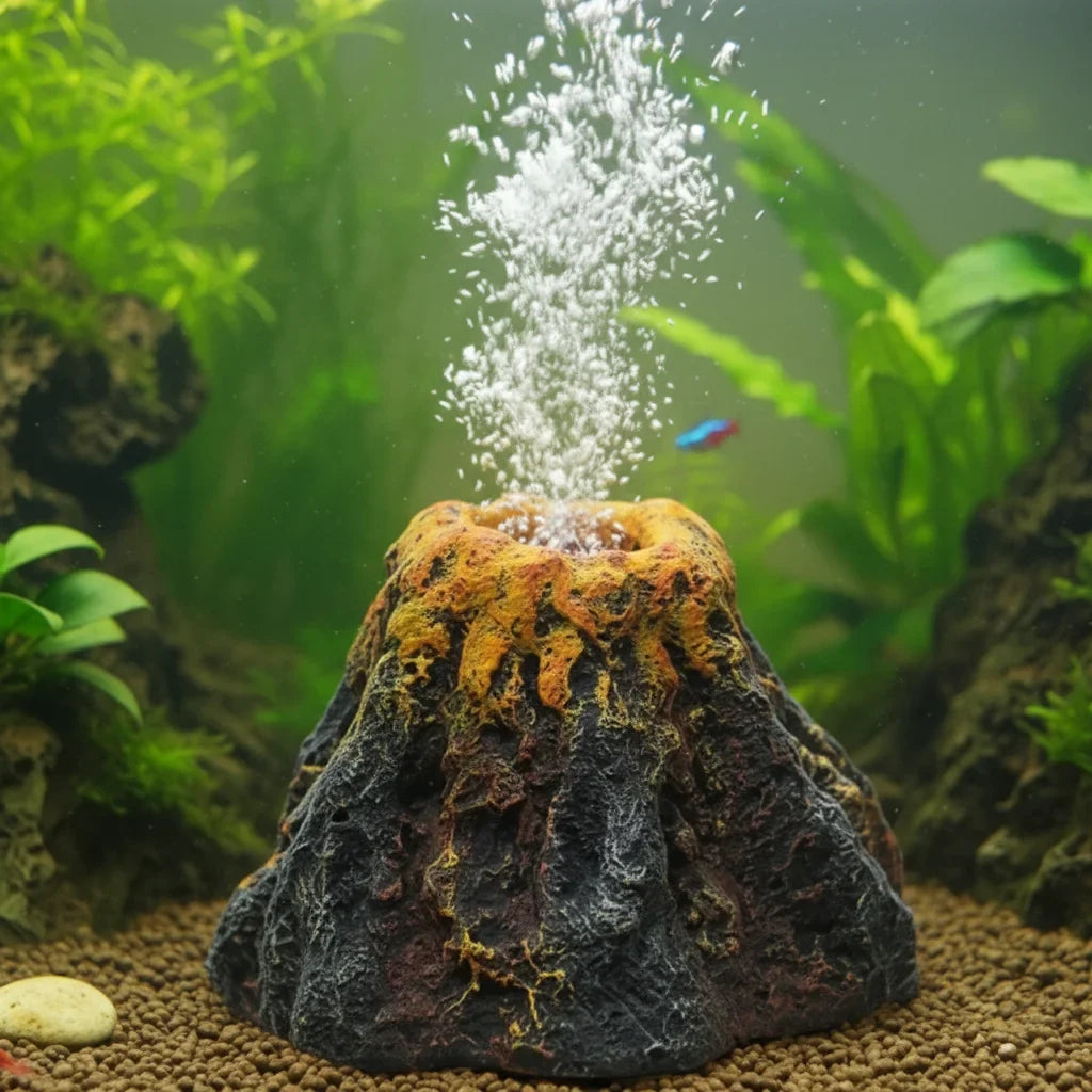 Volcan diffuseur de bulles dans un aquarium planté