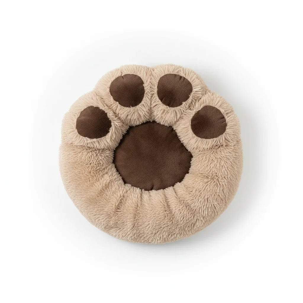 Lit marron en forme de patte pour animaux vu de dessus
