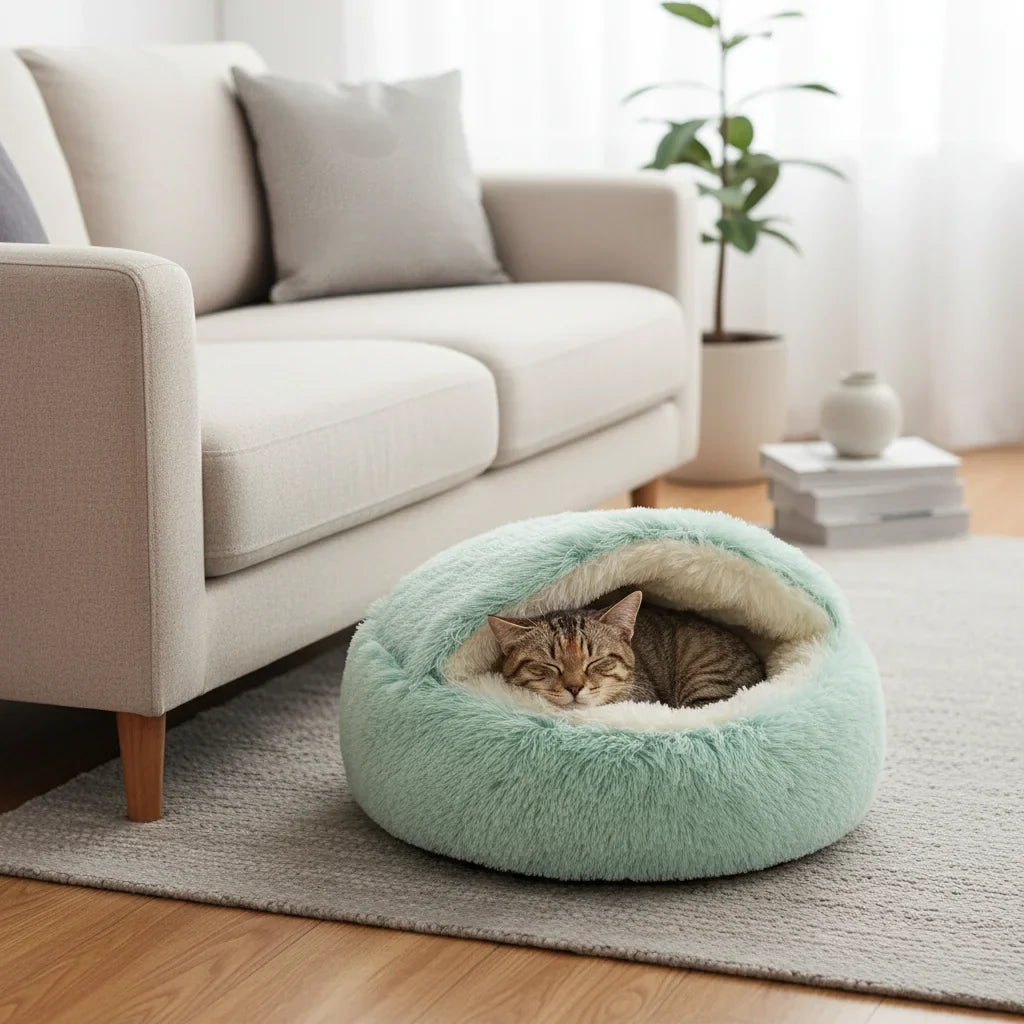 Chat installé dans un lit igloo vert pour animaux