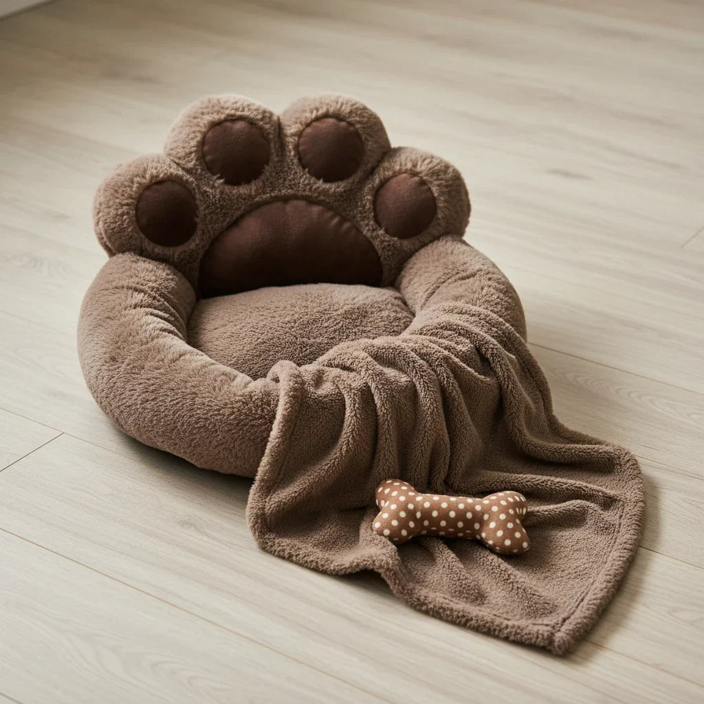 Lit marron en forme de patte pour chien ou chat
