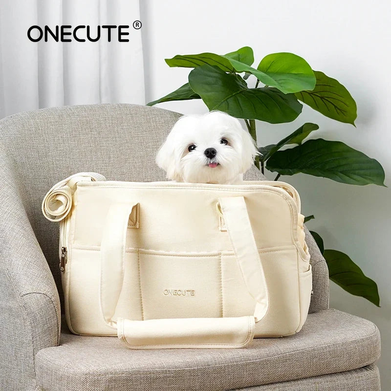 Petit chien derrière un sac de transport beige avec poignées
