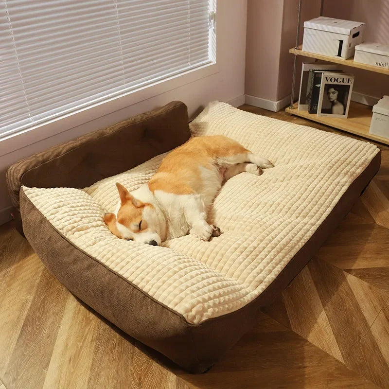 Lit douillet marron et beige avec chien