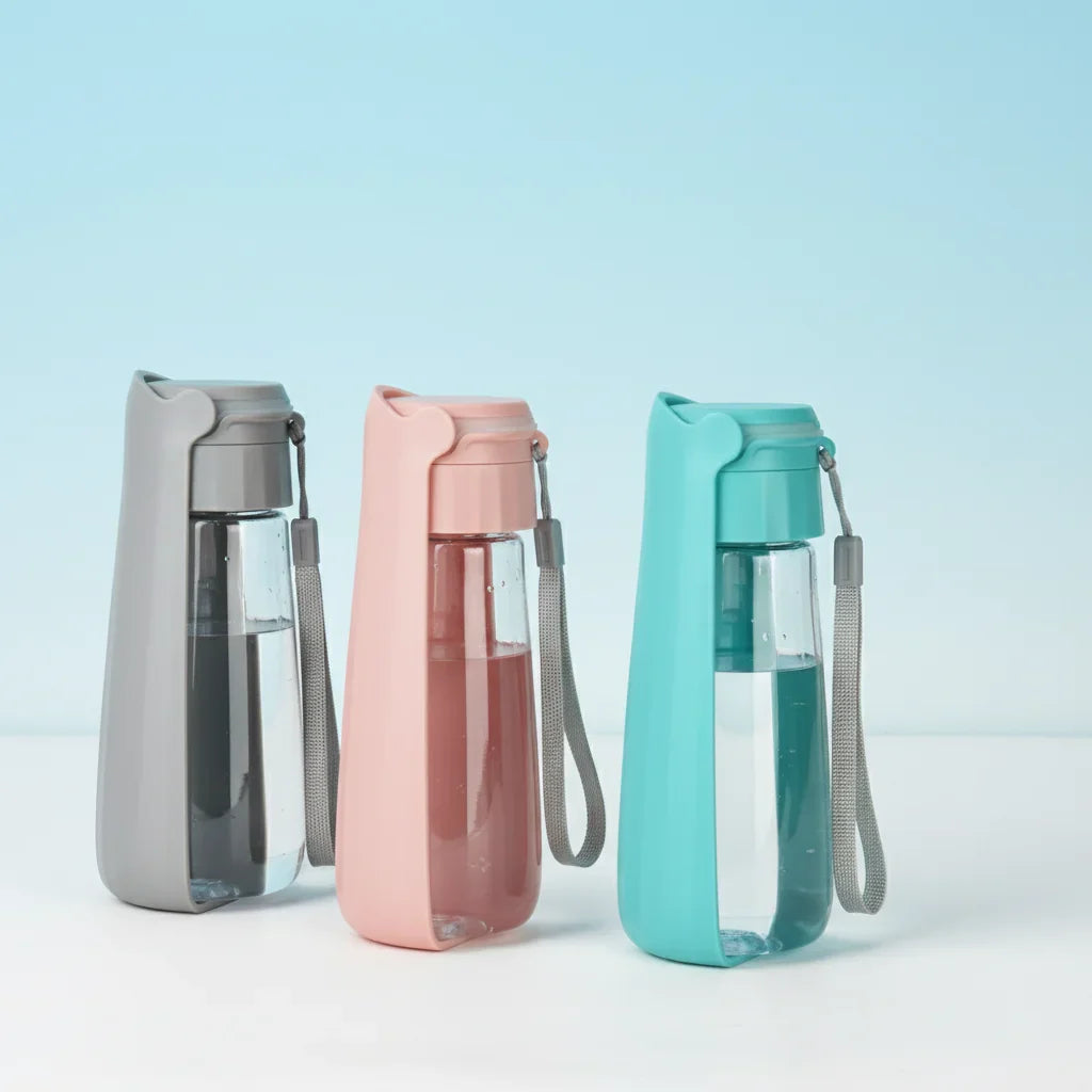 Bouteille d’eau portable pour chien et chat en bleu, rose et gris