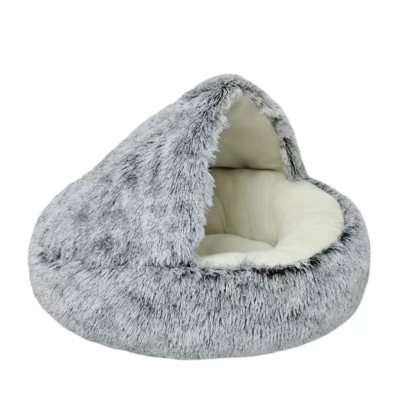 Lit igloo gris pour animaux avec vue de l’intérieur