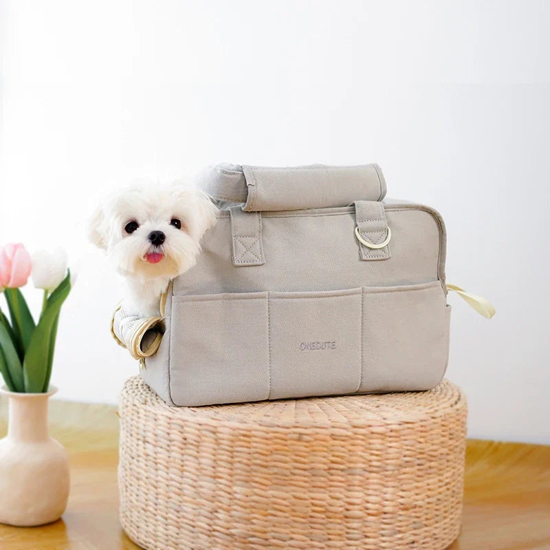 Petit chien dans un sac de transport gris