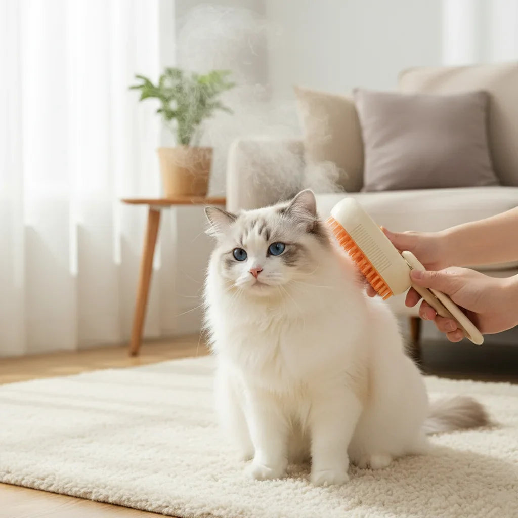 Chat blanc toiletté avec une brosse à picots orange