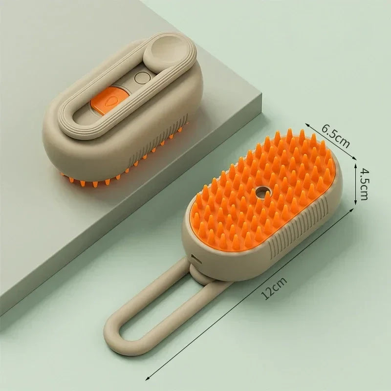 Brosse de toilettage beige avec picots orange et schéma de dimensions