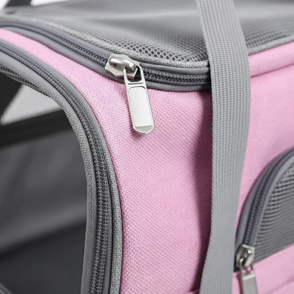 Détail rose et gris du sac de transport pour chat avec fermeture éclair