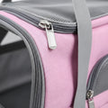 Détail rose et gris du sac de transport pour chat avec fermeture éclair