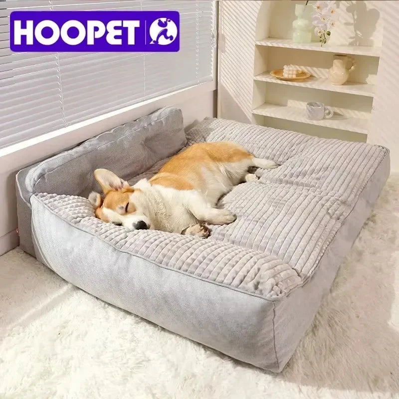 Chien couché dans un lit douillet gris