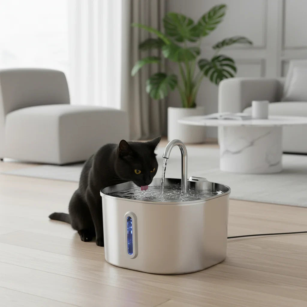 Chat utilisant une fontaine à eau en acier inoxydable