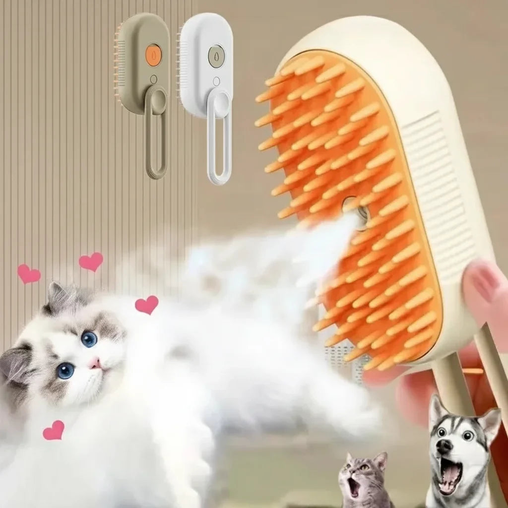Brosse de toilettage à picots orange présentée avec un chat blanc