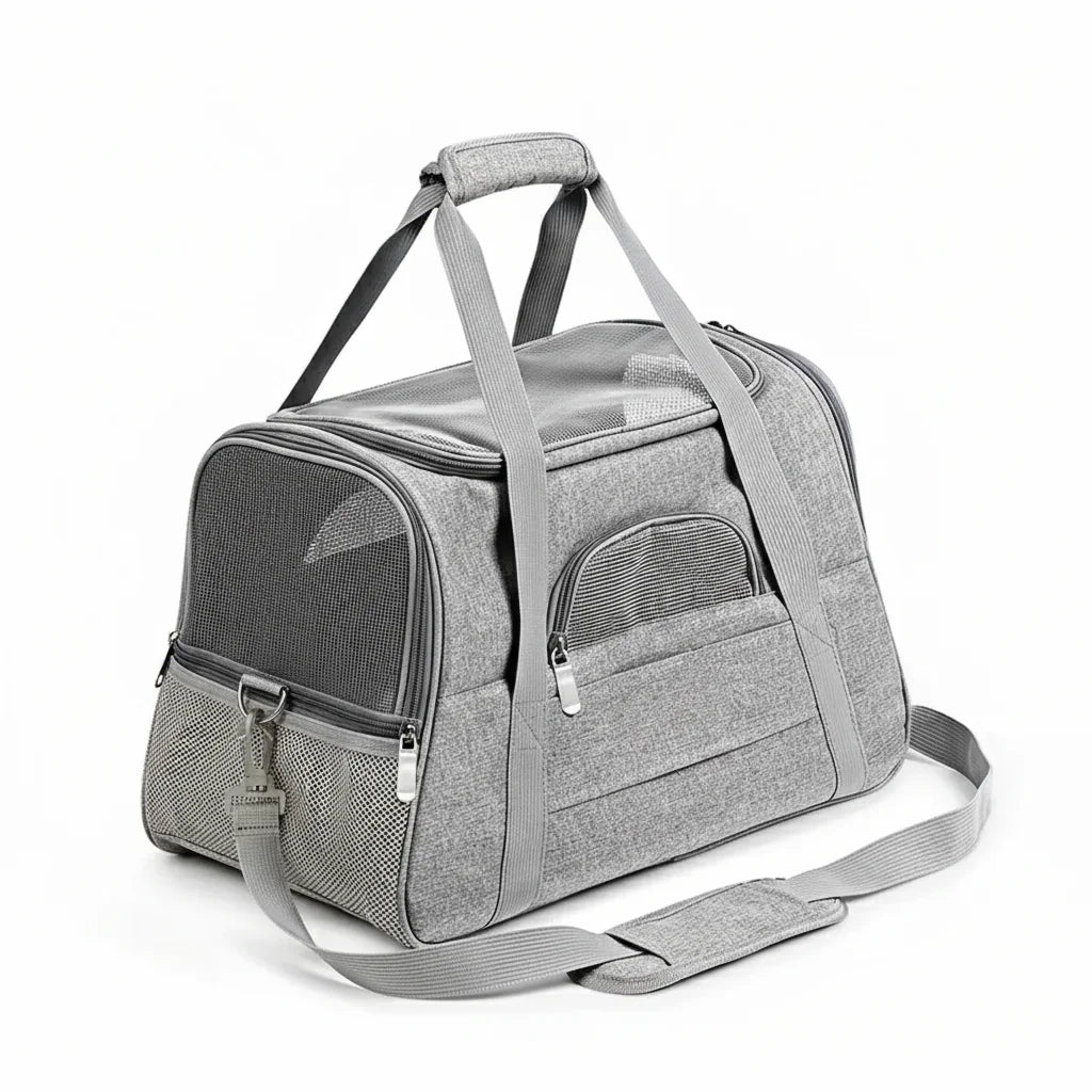 Sac de transport gris pour chat avec poignées et bandoulière