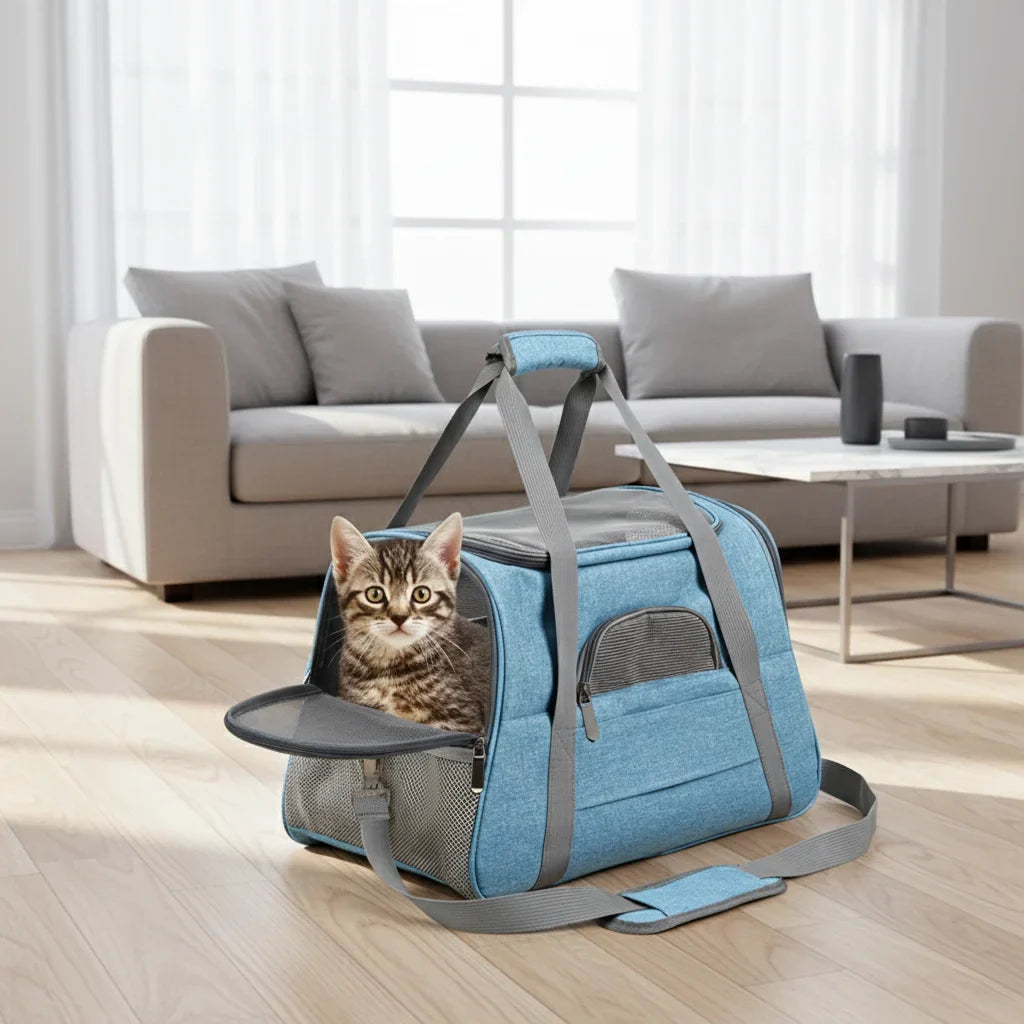 Chat dans un sac de transport bleu avec ouvertures en maille