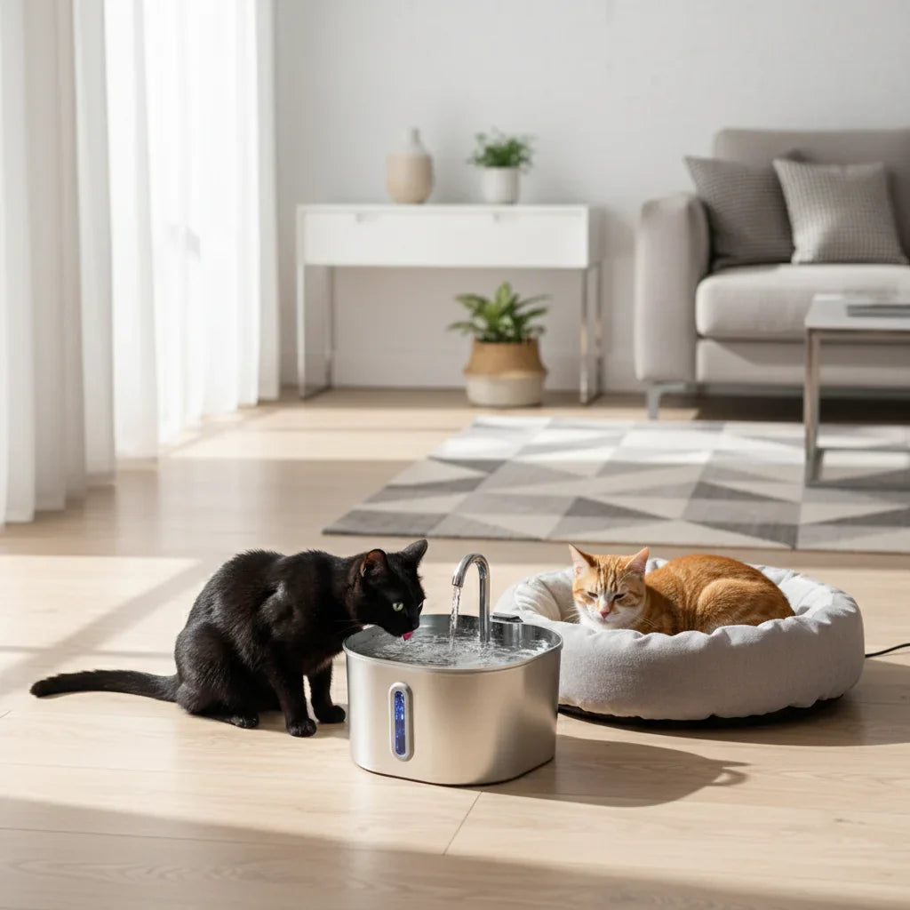 Fontaine à eau en inox pour chat dans un intérieur