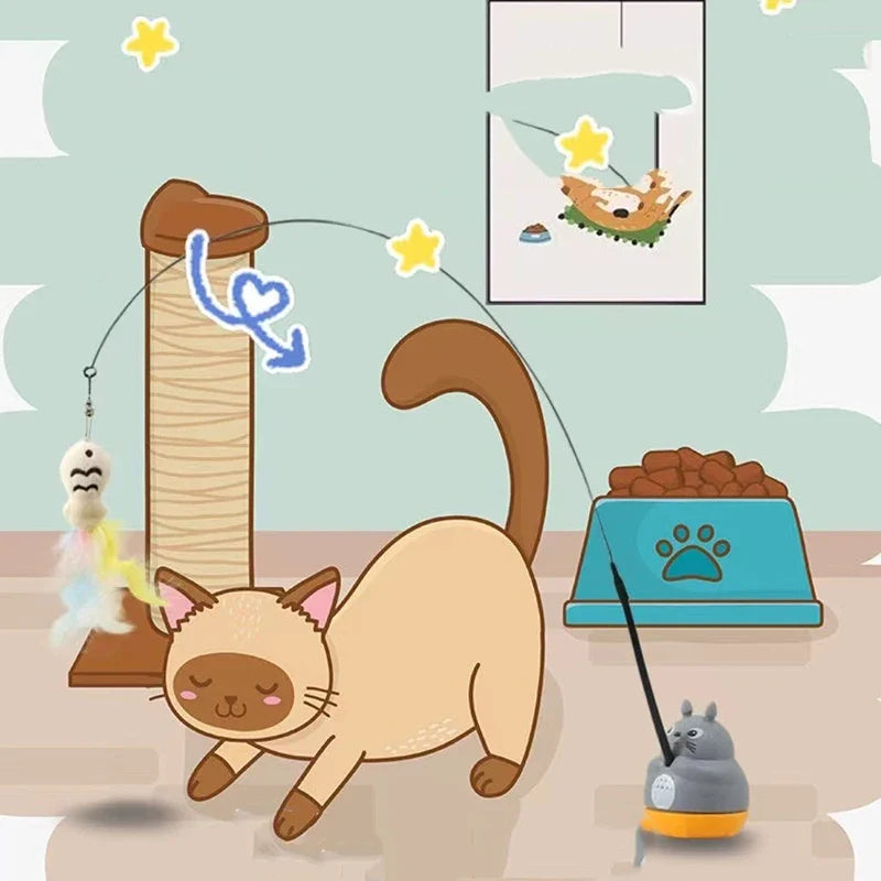 Chat jouant avec un jouet à plumes sur tige avec base grise