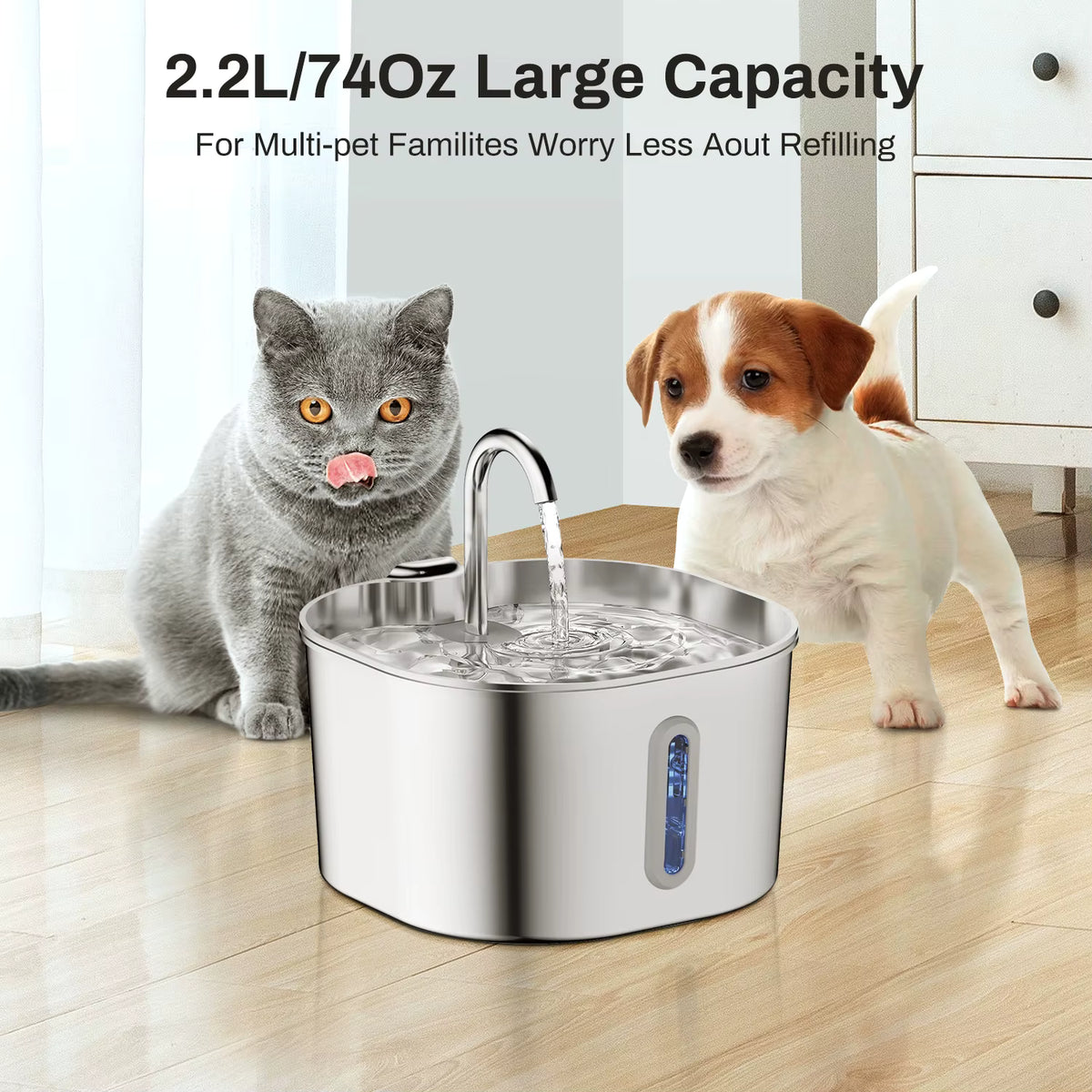 Fontaine à eau 2,2 L en acier inoxydable pour chat et chien